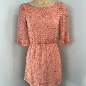 Alice + Olivia Round Neck 3/4 Sleeve drop Waist Beaded Dress Pink Salmon XS